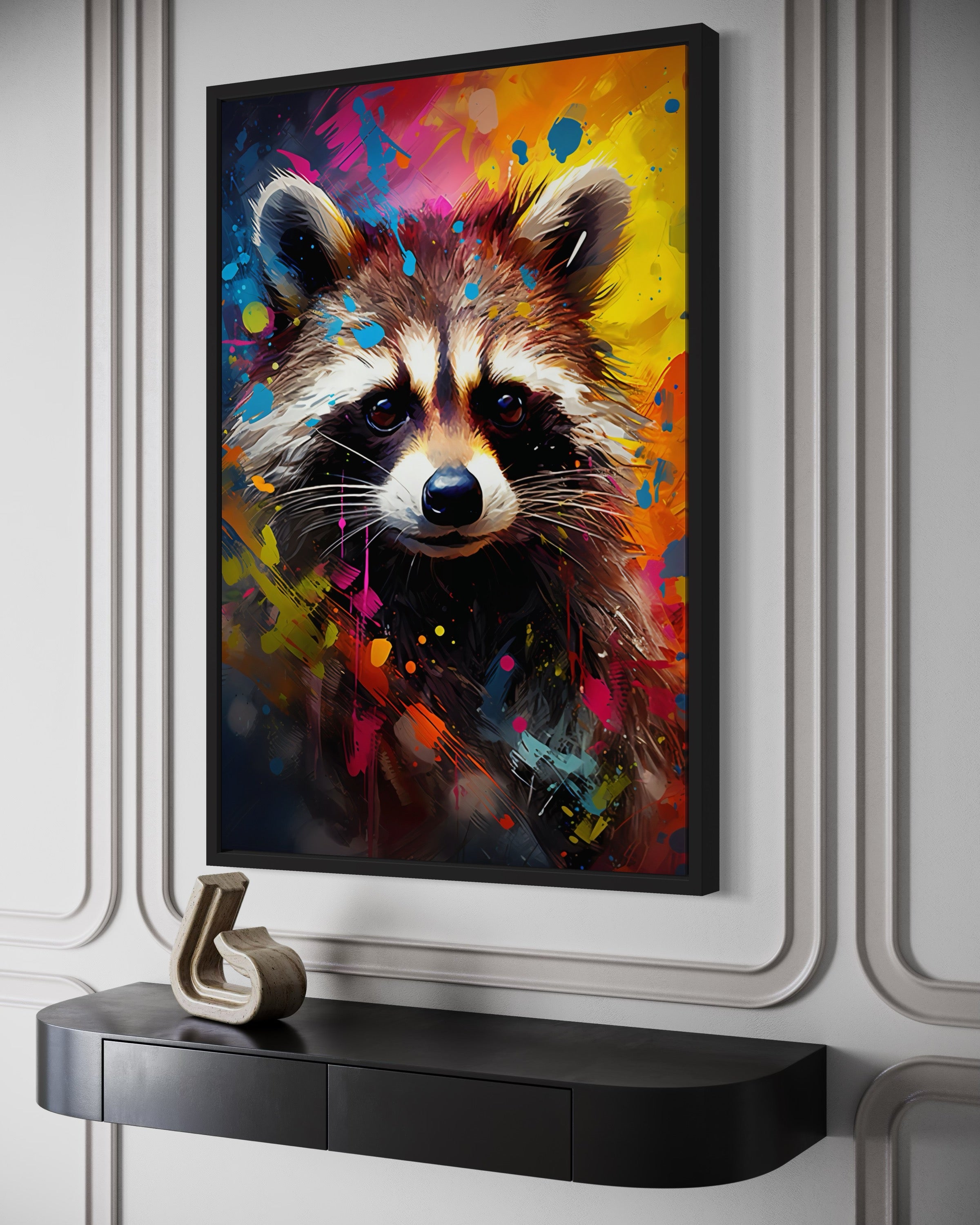 Raccoon Pop Art Canvas Wall Art | Colorful Graffiti Framed Print