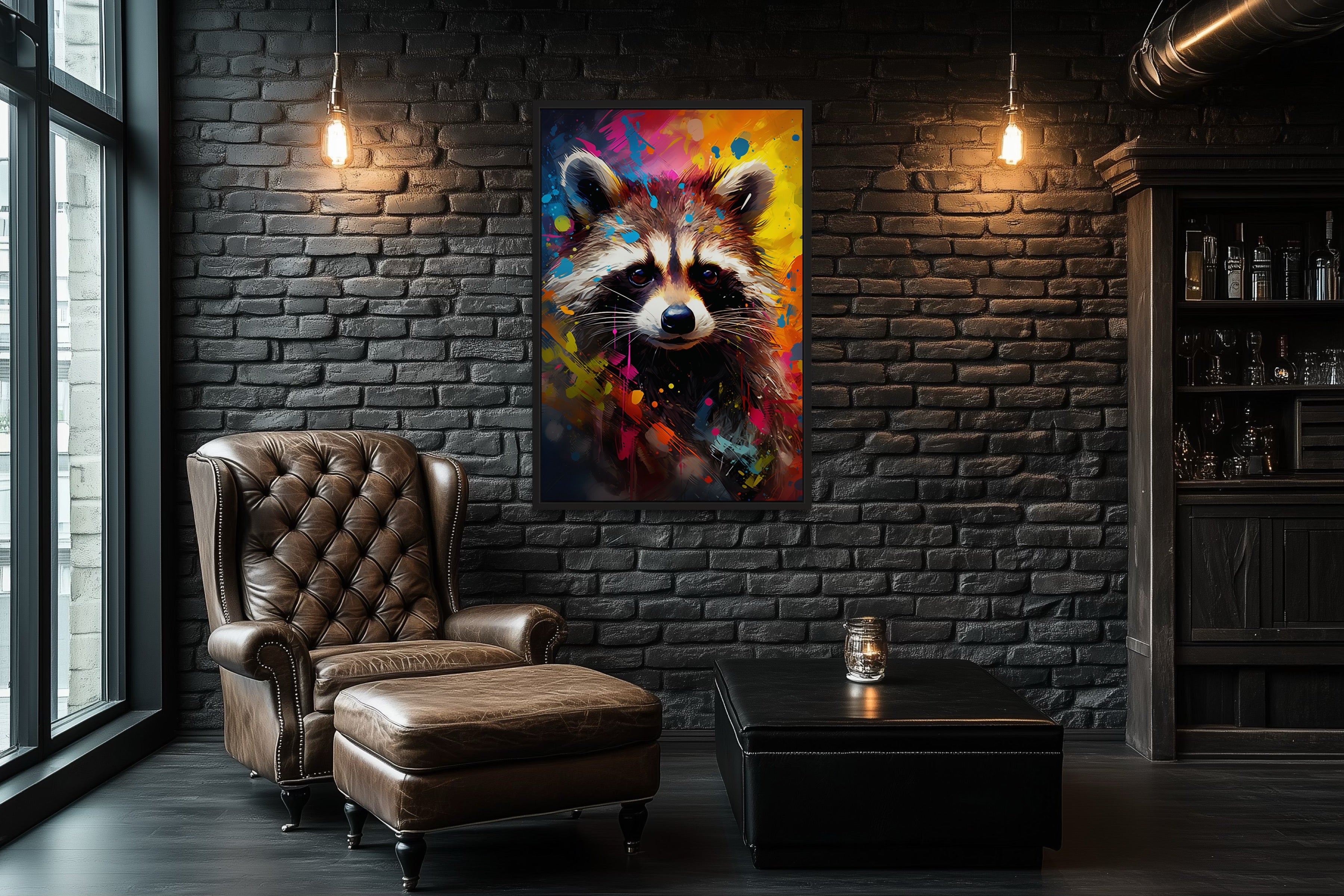 Raccoon Pop Art Canvas Wall Art | Colorful Graffiti Framed Print