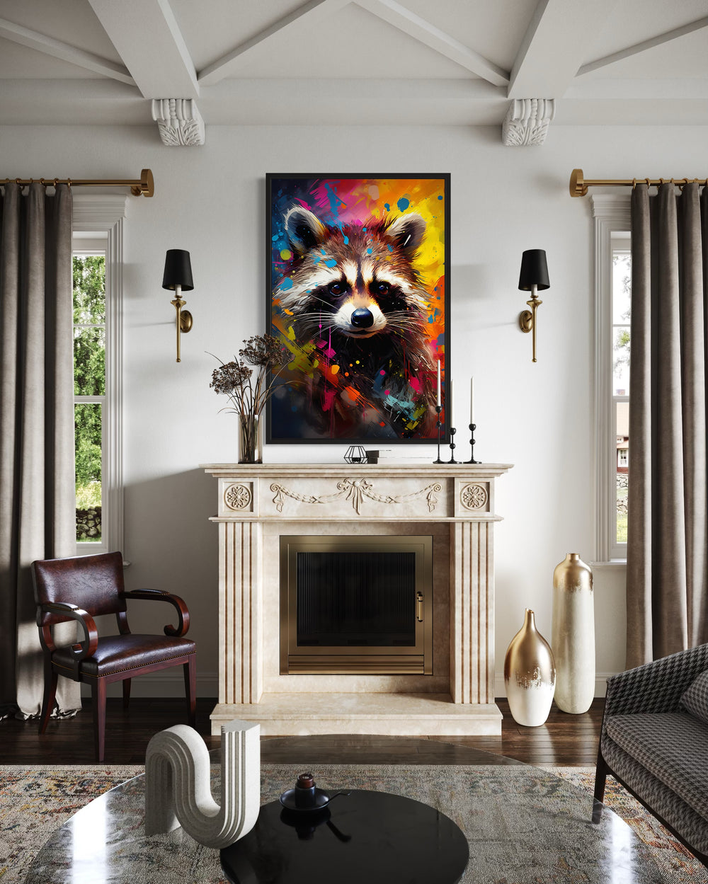 Raccoon Colorful Pop Art Graffiti Framed Canvas Wall Art