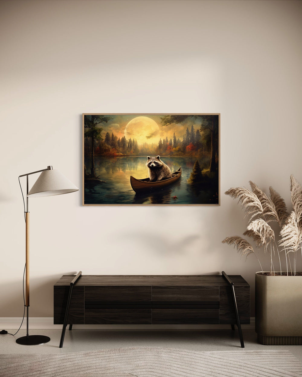 Raccoon In Canoe Moody Cabin Wall Art "Moonlit Paddle" in modern room