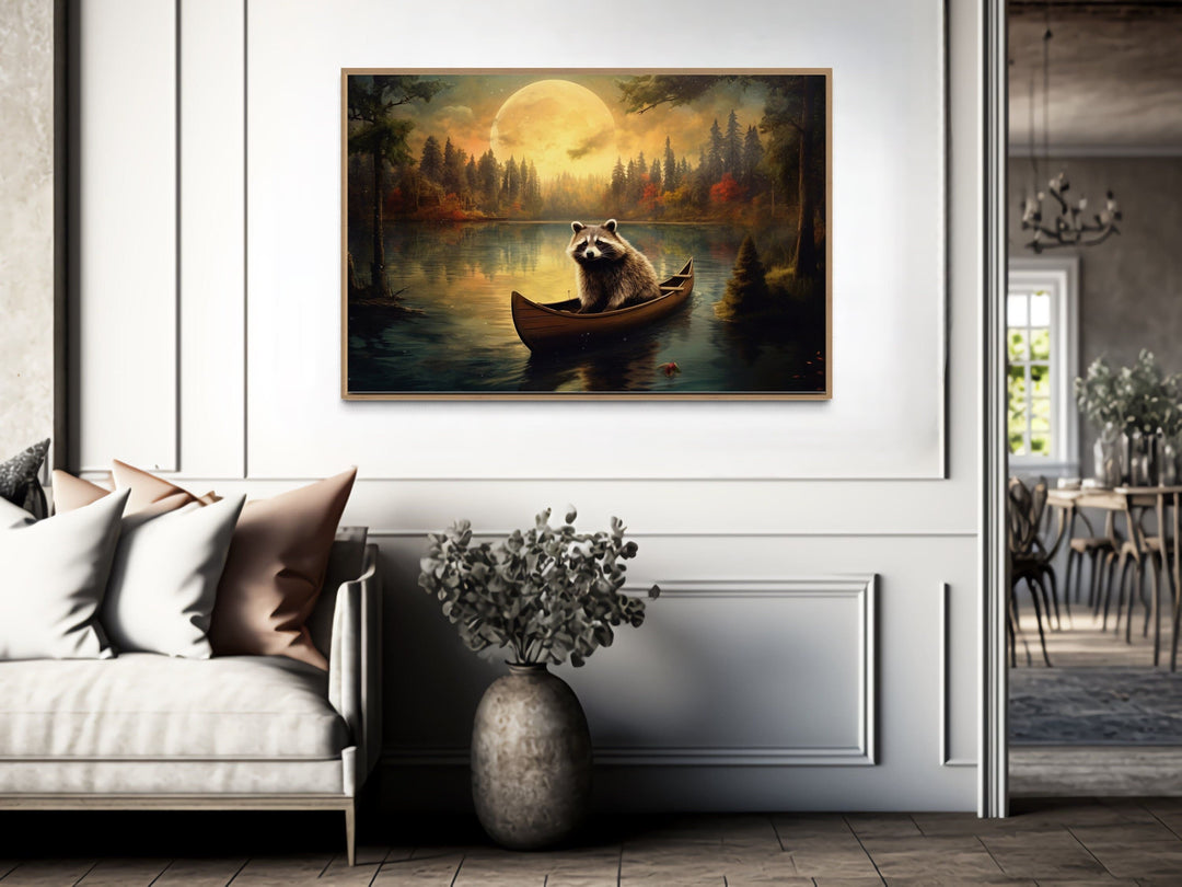 Raccoon In Canoe Moody Cabin Wall Art "Moonlit Paddle" in rustic room