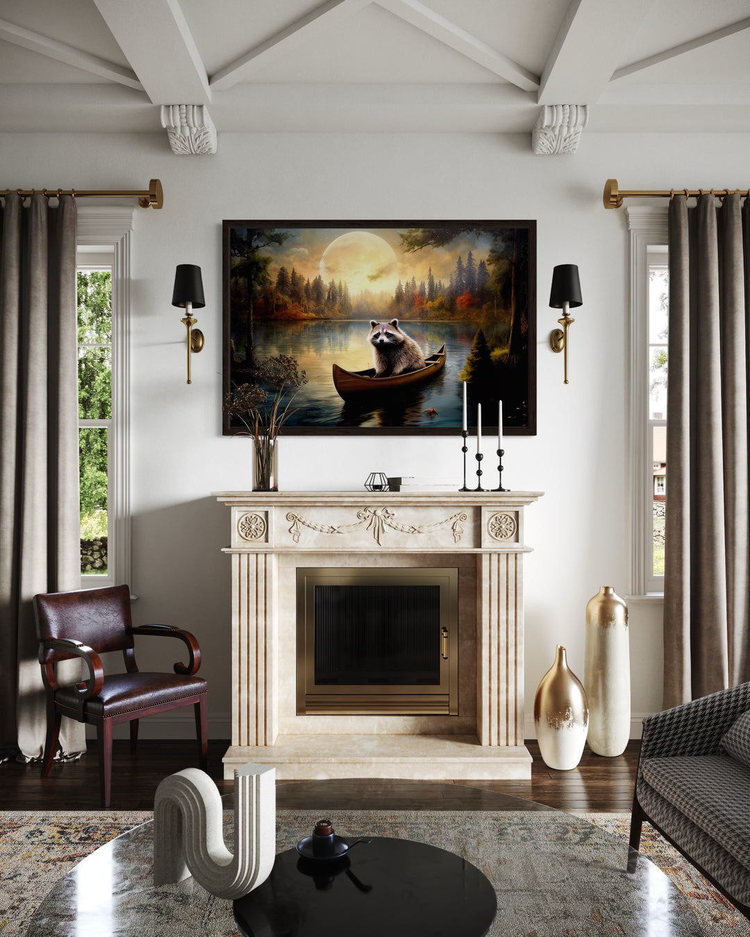 Raccoon In Canoe Moody Framed Canvas Wall Art For Cabin Decor