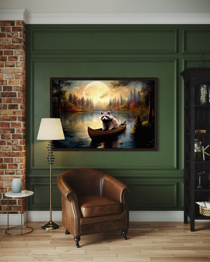 Raccoon In Canoe Moody Framed Canvas Wall Art For Cabin Decor