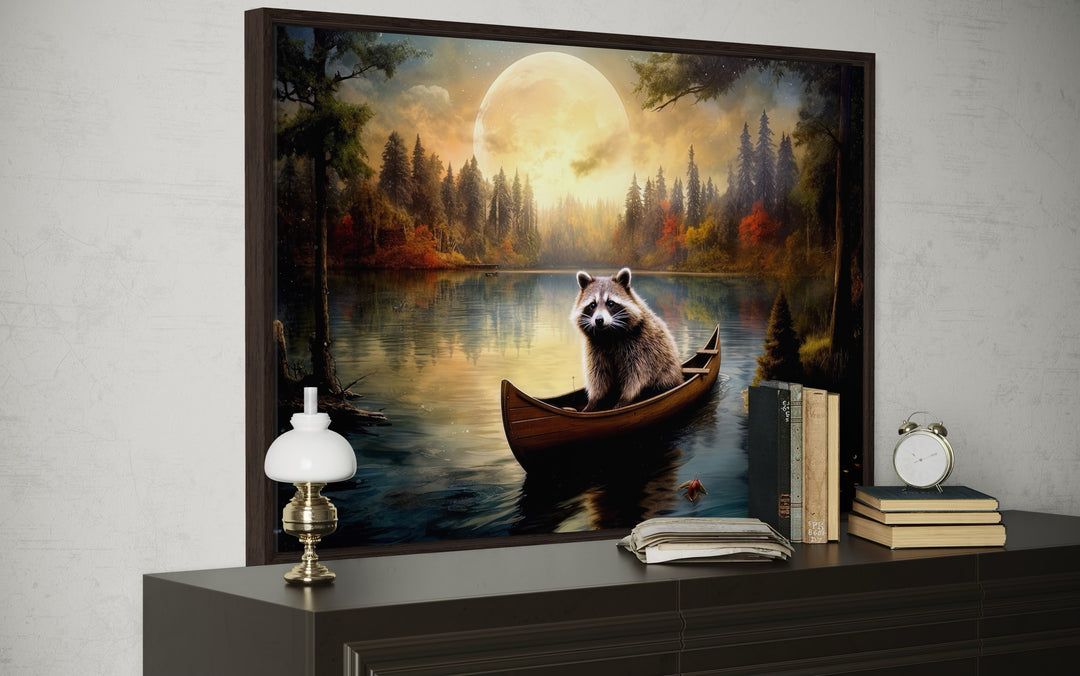 Raccoon In Canoe Moody Framed Canvas Wall Art For Cabin Decor
