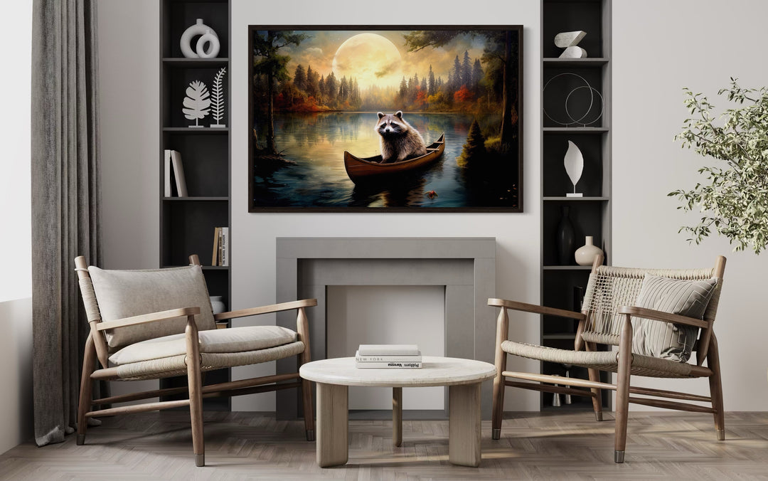 Raccoon In Canoe Moody Framed Canvas Wall Art For Cabin Decor