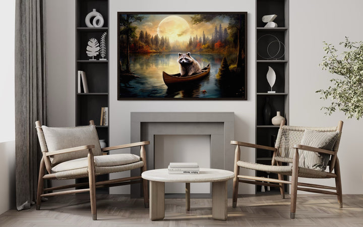 Raccoon In Canoe Moody Framed Canvas Wall Art For Cabin Decor
