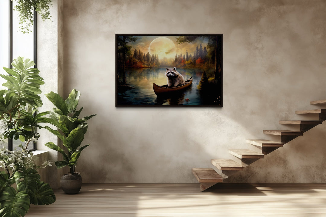 Raccoon In Canoe Moody Framed Canvas Wall Art For Cabin Decor