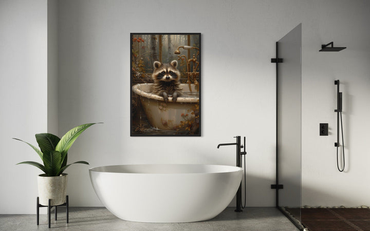 Raccoon In The Bathtub Rustic Framed Canvas Wall Art