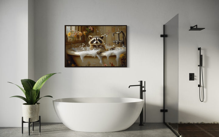 Raccoon In The Bathtub Rustic Framed Canvas Wall Art