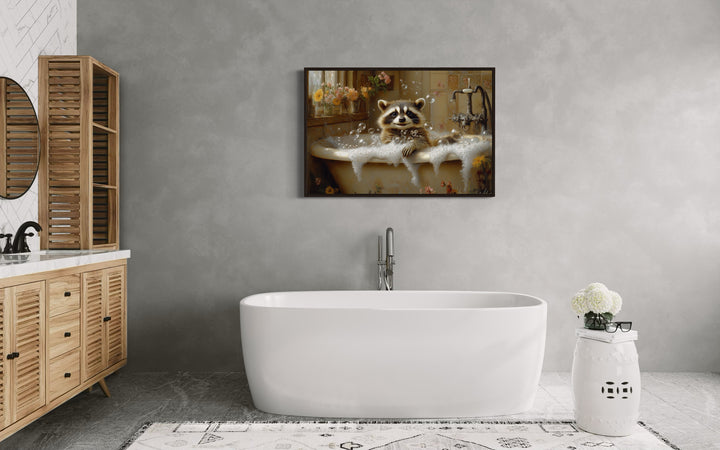 Raccoon In The Bathtub Rustic Framed Canvas Wall Art