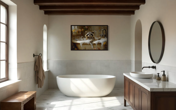 Raccoon In The Bathtub Rustic Framed Canvas Wall Art