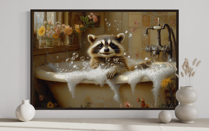 Framed canvas wall art of a cute raccoon in a bubble-filled vintage bathtub with rustic decor.