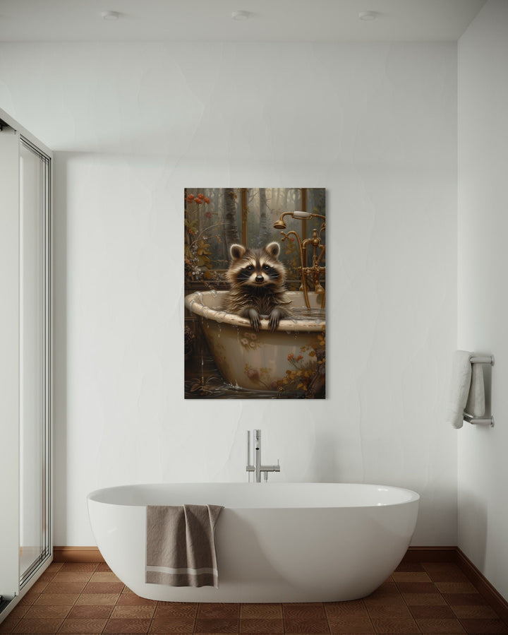 Raccoon In The Bathtub Rustic Framed Canvas Wall Art