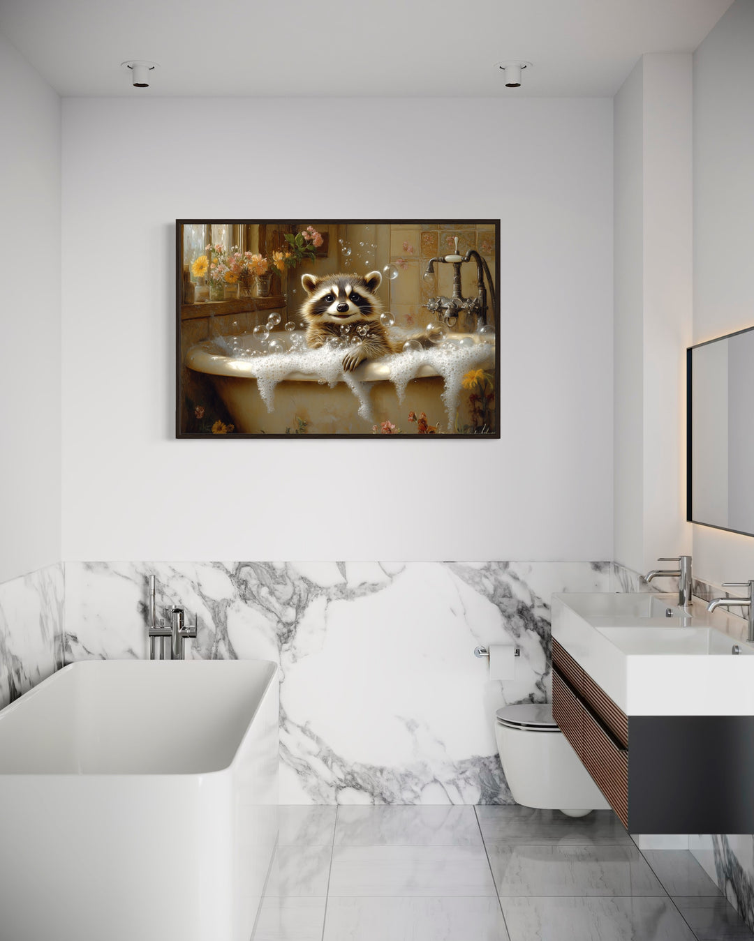 Raccoon In The Bathtub Rustic Framed Canvas Wall Art