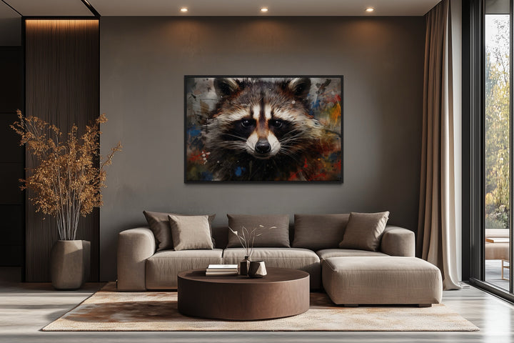 Raccoon modern pop art framed canvas wall art above a sofa in a contemporary living room.