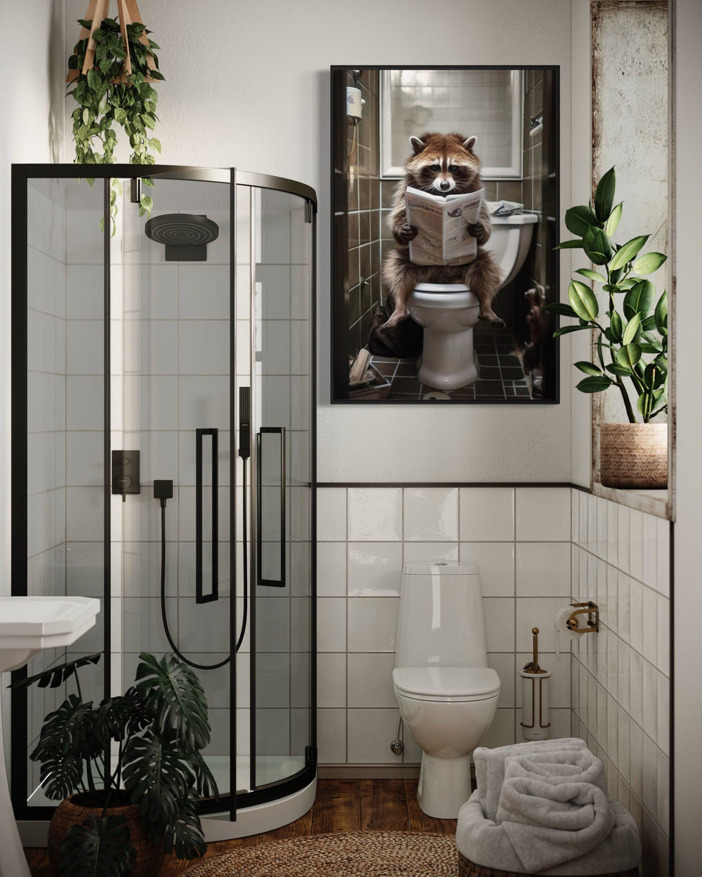 Raccoon On The Toilet Reading Newspaper Framed Canvas Picture