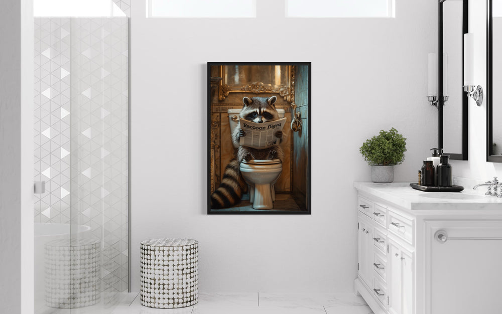 Raccoon On The Toilet Reading Newspaper Framed Canvas Picture