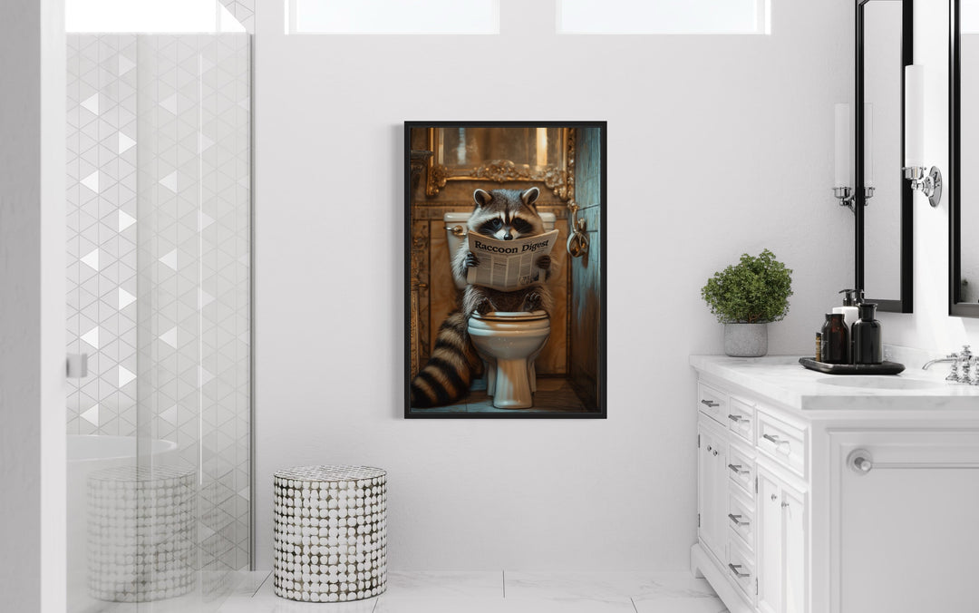 Raccoon On The Toilet Reading Newspaper Framed Canvas Picture