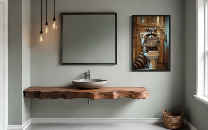 Raccoon On The Toilet Reading Newspaper Framed Canvas Picture