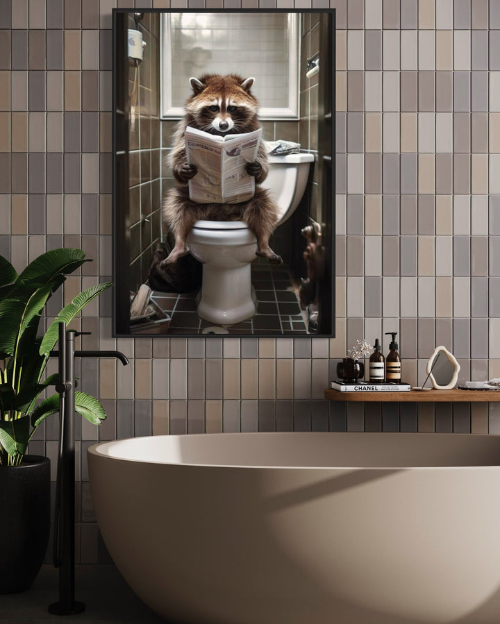 Raccoon On The Toilet Reading Newspaper Framed Canvas Picture