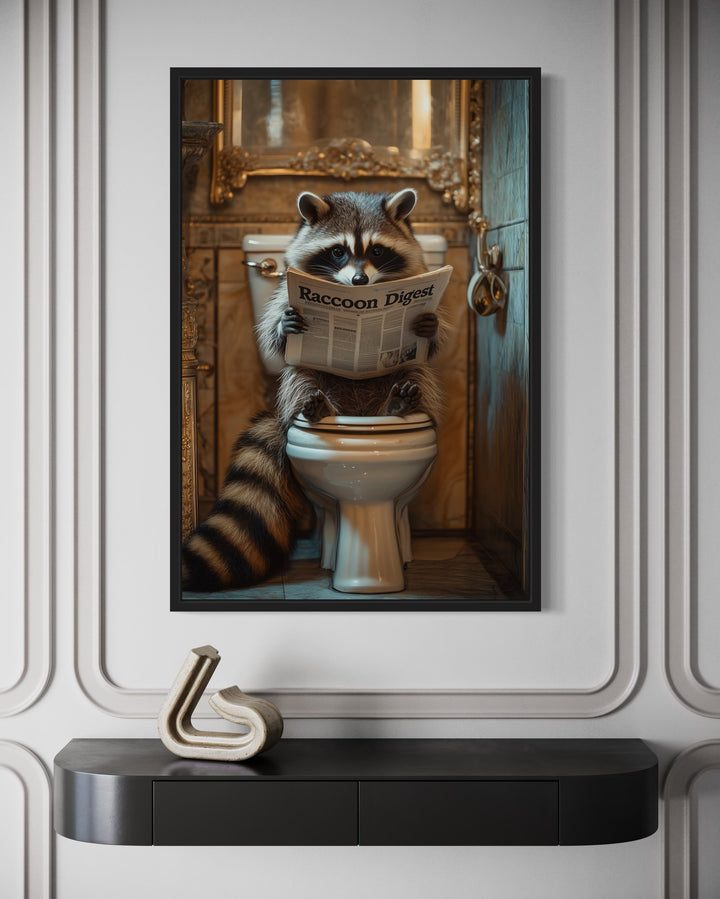 Raccoon On The Toilet Reading Newspaper Framed Canvas Picture