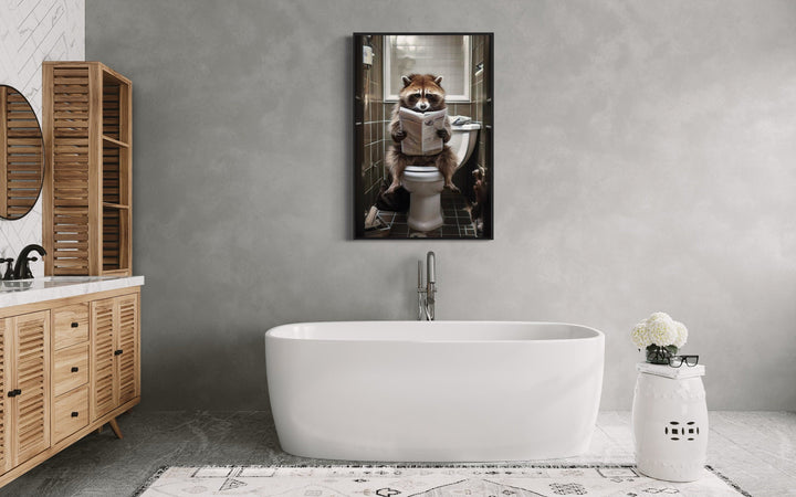 Raccoon On The Toilet Reading Newspaper Framed Canvas Picture