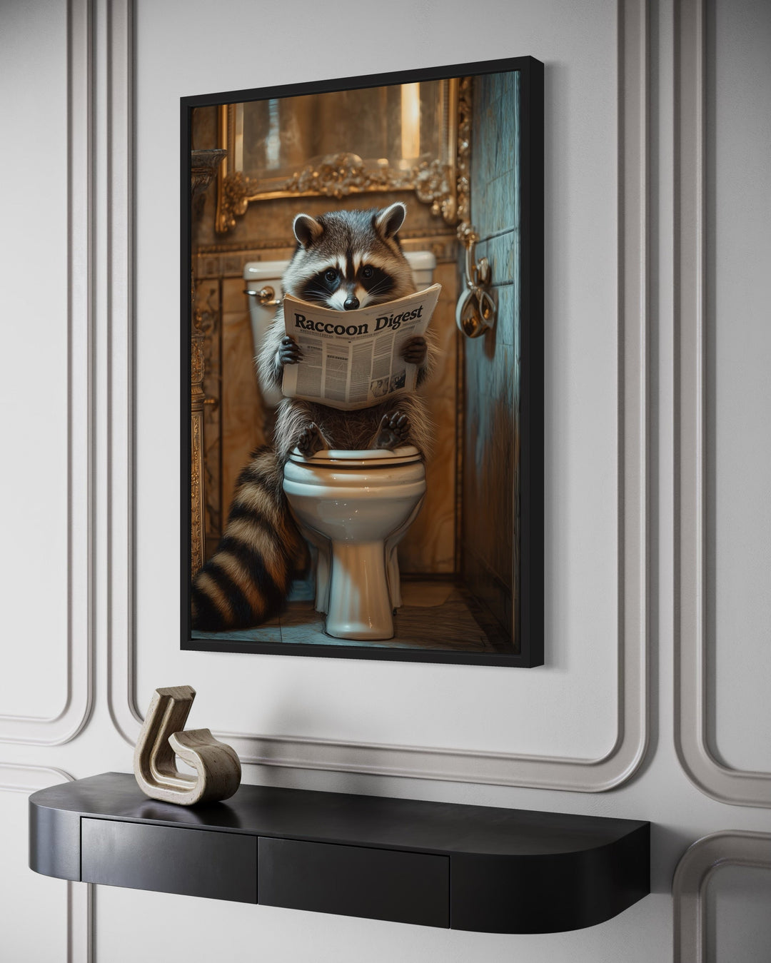 Raccoon On The Toilet Reading Newspaper Framed Canvas Picture