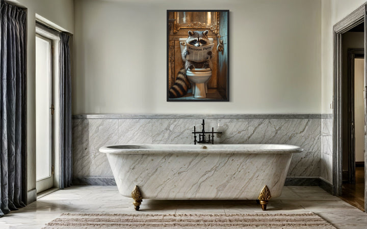 Raccoon On The Toilet Reading Newspaper Framed Canvas Picture