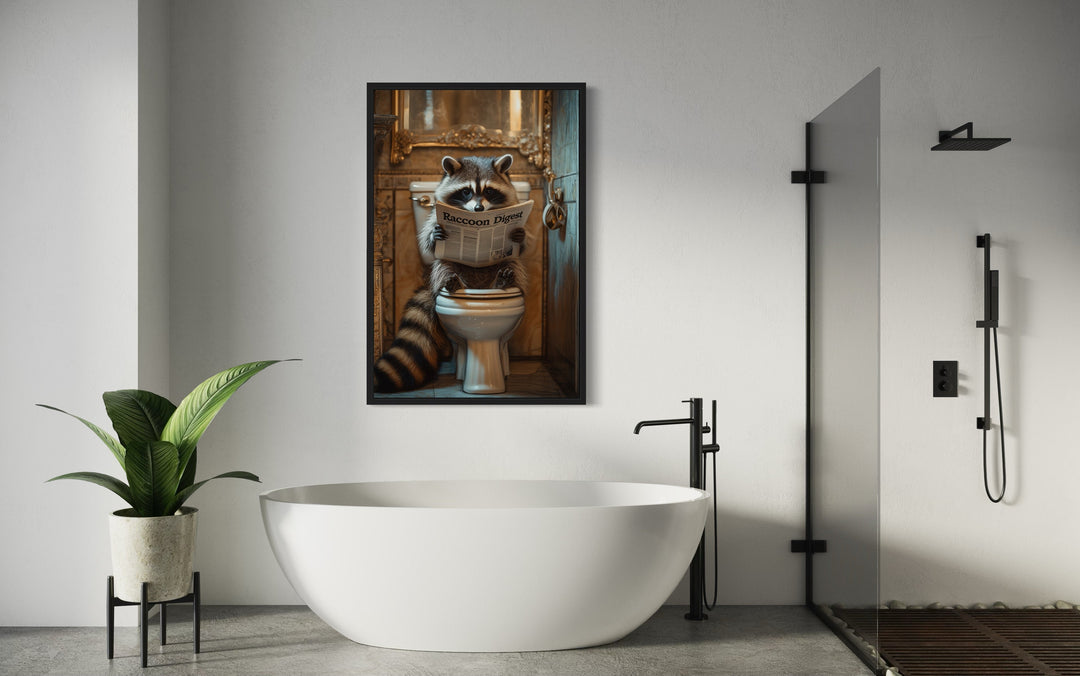 Raccoon On The Toilet Reading Newspaper Framed Canvas Picture