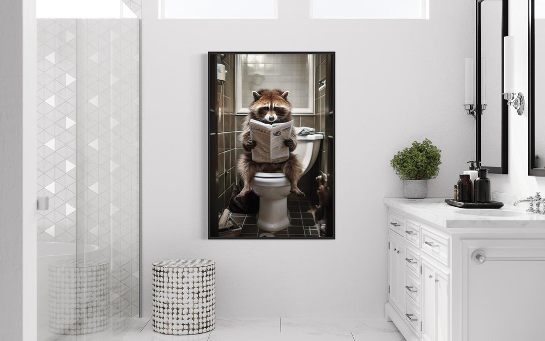 Raccoon On The Toilet Reading Newspaper Framed Canvas Picture