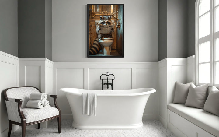 Raccoon On The Toilet Reading Newspaper Framed Canvas Picture