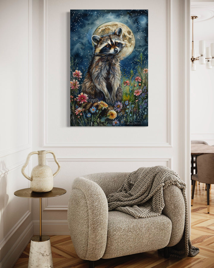 Raccoon in The Meadow At Night Under Moon Framed Canvas Wall Art