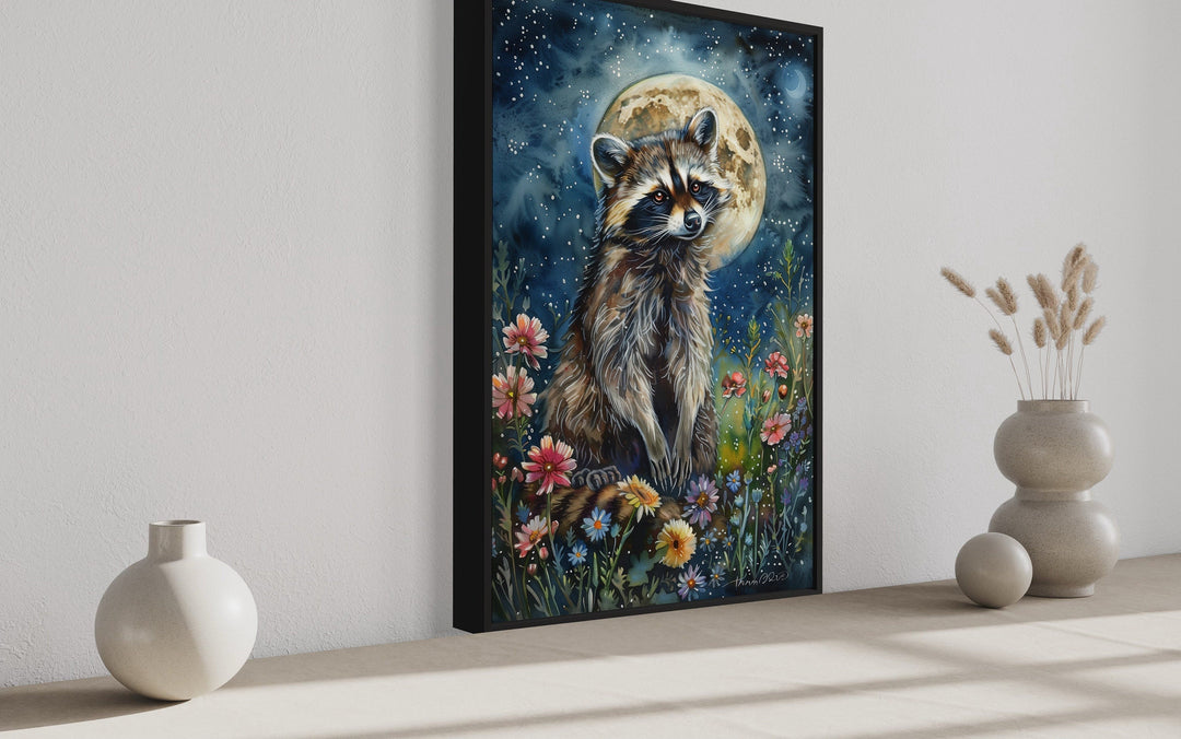 Raccoon in The Meadow At Night Under Moon Framed Canvas Wall Art