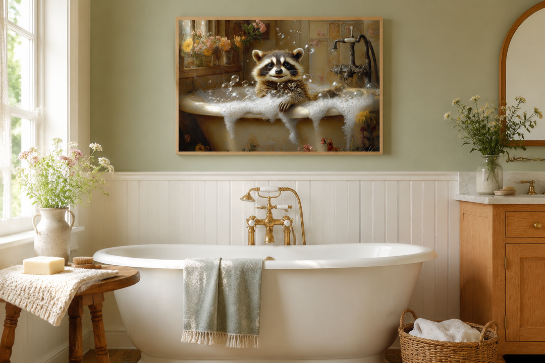Rustic framed canvas wall art of a raccoon in a bubble-filled vintage bathtub in a bathroom.