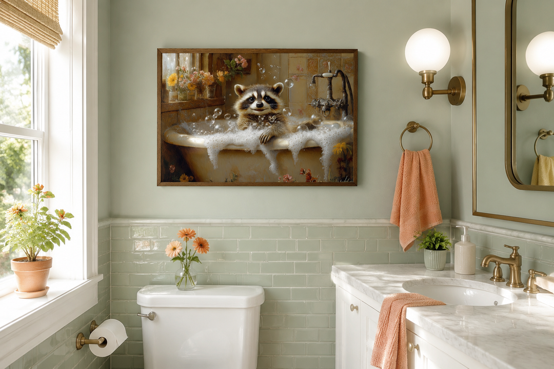 Raccoon in a bathtub rustic framed canvas wall art hanging in a sage green bathroom.