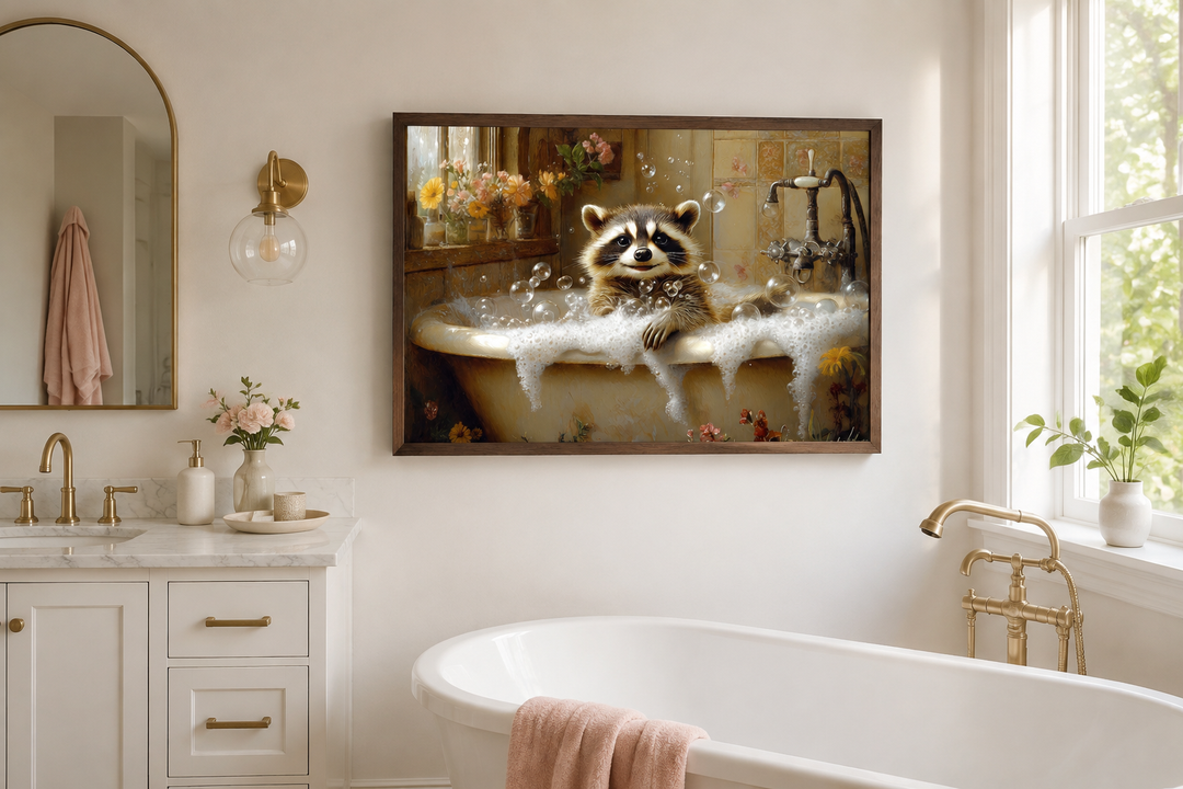 Rustic framed canvas wall art of a raccoon in a bubble-filled vintage bathtub in a bathroom.