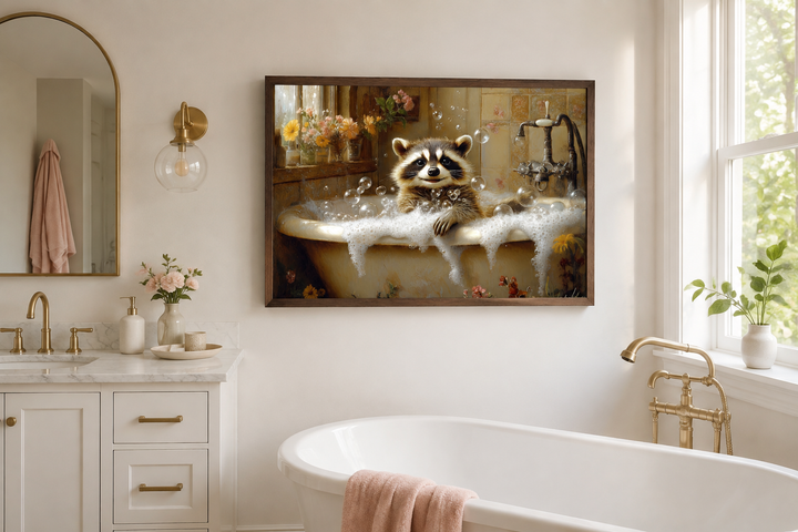 Rustic framed canvas wall art of a raccoon in a bubble-filled vintage bathtub in a bathroom.