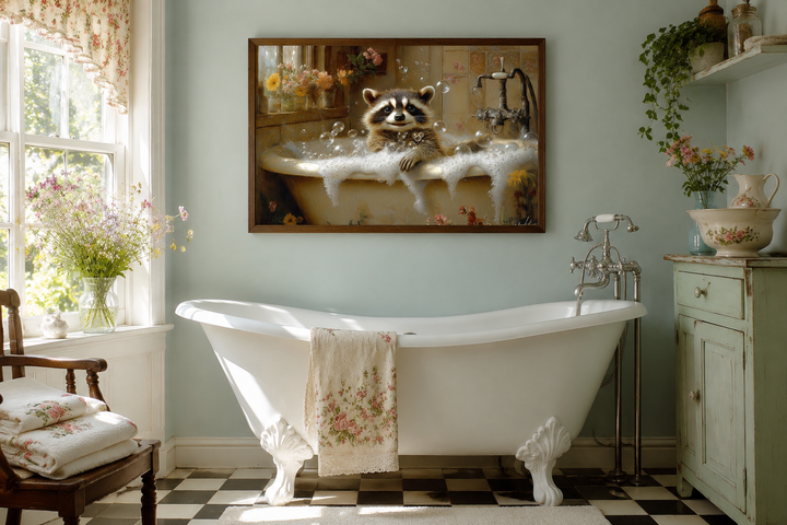 Framed canvas wall art of a raccoon in a bathtub hanging above a white clawfoot tub in a bathroom.