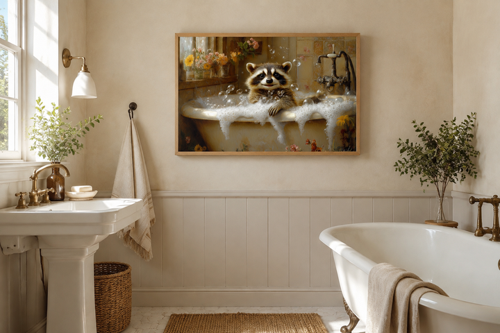Rustic framed canvas wall art of a raccoon in a bubble-filled bathtub hanging in a bathroom.