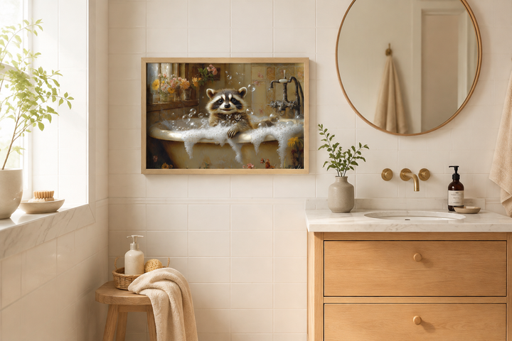Raccoon in a bathtub rustic framed canvas wall art hanging in a bright, modern bathroom.