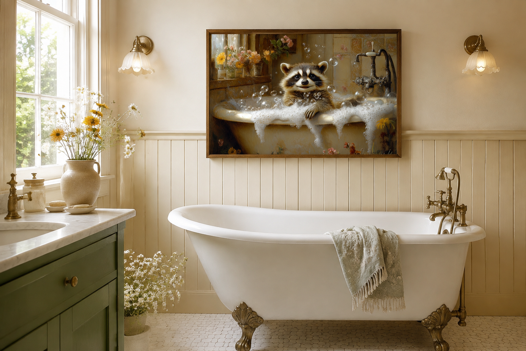 Raccoon in a bubble bath rustic framed canvas wall art hanging in a vintage bathroom.