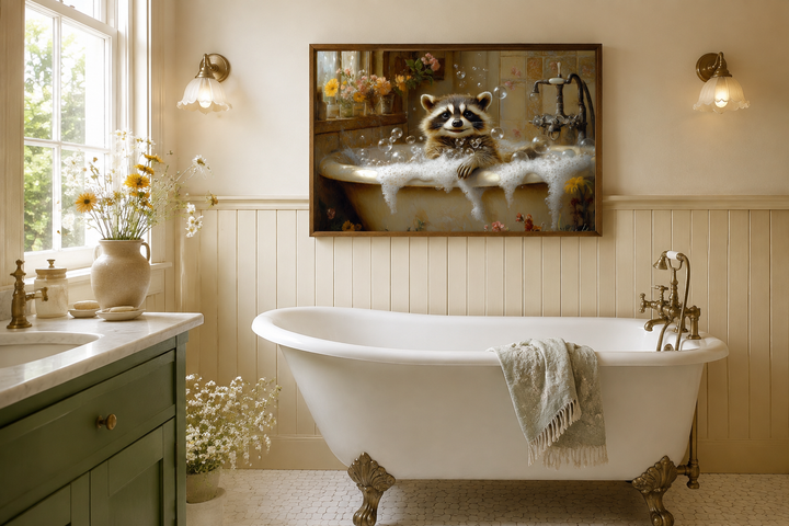 Raccoon in a bubble bath rustic framed canvas wall art hanging in a vintage bathroom.
