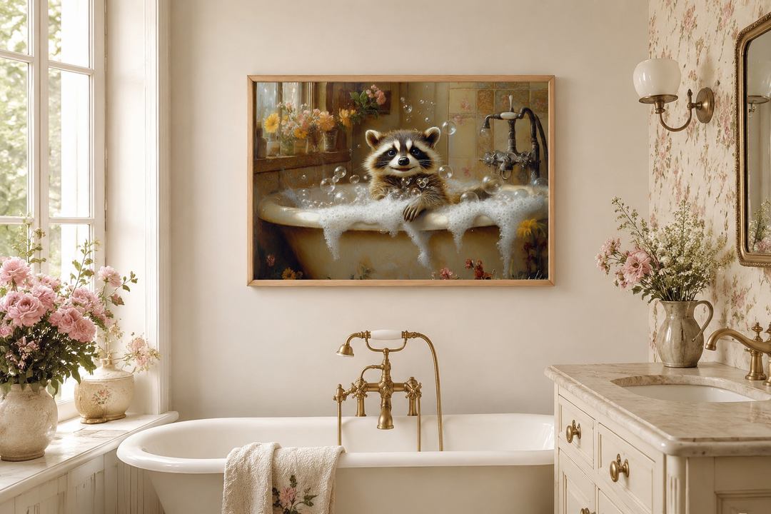 Raccoon in a bathtub rustic framed canvas wall art hanging in a vintage-style bathroom.