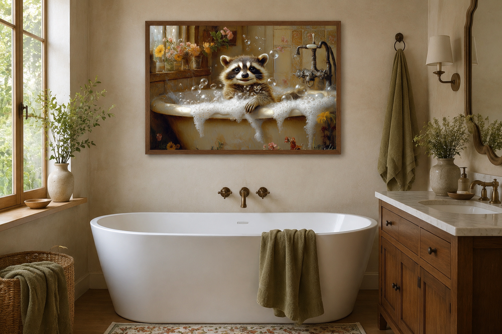 Rustic framed canvas wall art of a raccoon in a bubble bath, hanging above a white bathtub.