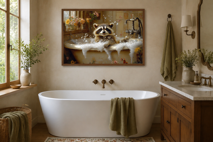 Rustic framed canvas wall art of a raccoon in a bubble bath, hanging above a white bathtub.