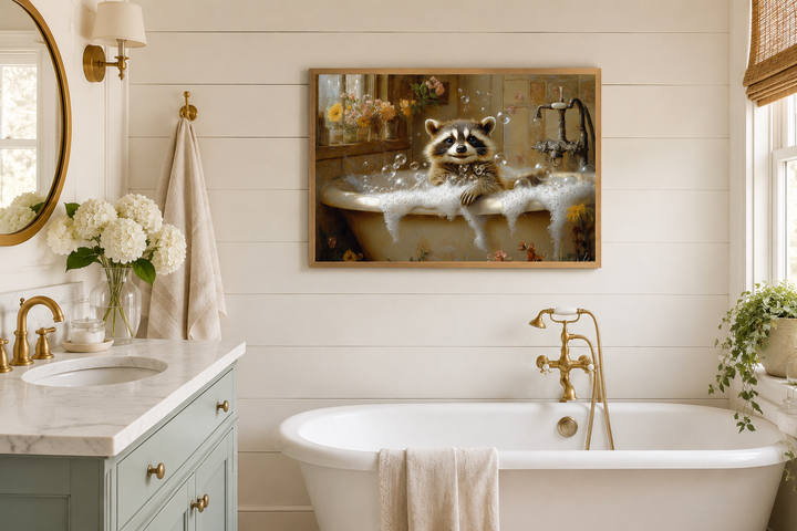 Raccoon in a bathtub rustic framed canvas wall art hanging in a bright, farmhouse-style bathroom.