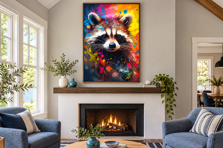 Colorful raccoon pop art framed canvas wall art hanging above a fireplace in a modern living room.