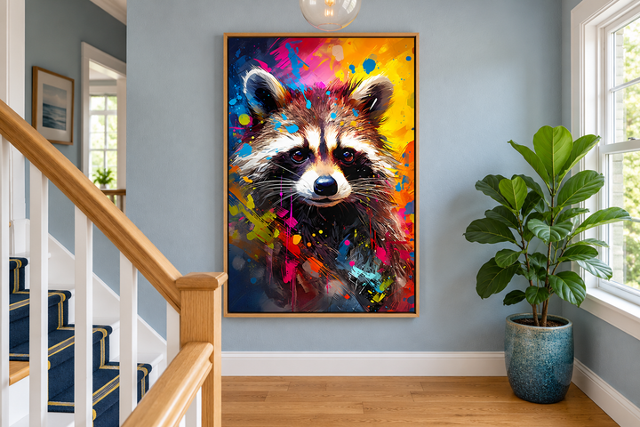 Raccoon colorful pop art graffiti framed canvas wall art hanging in a modern home hallway.