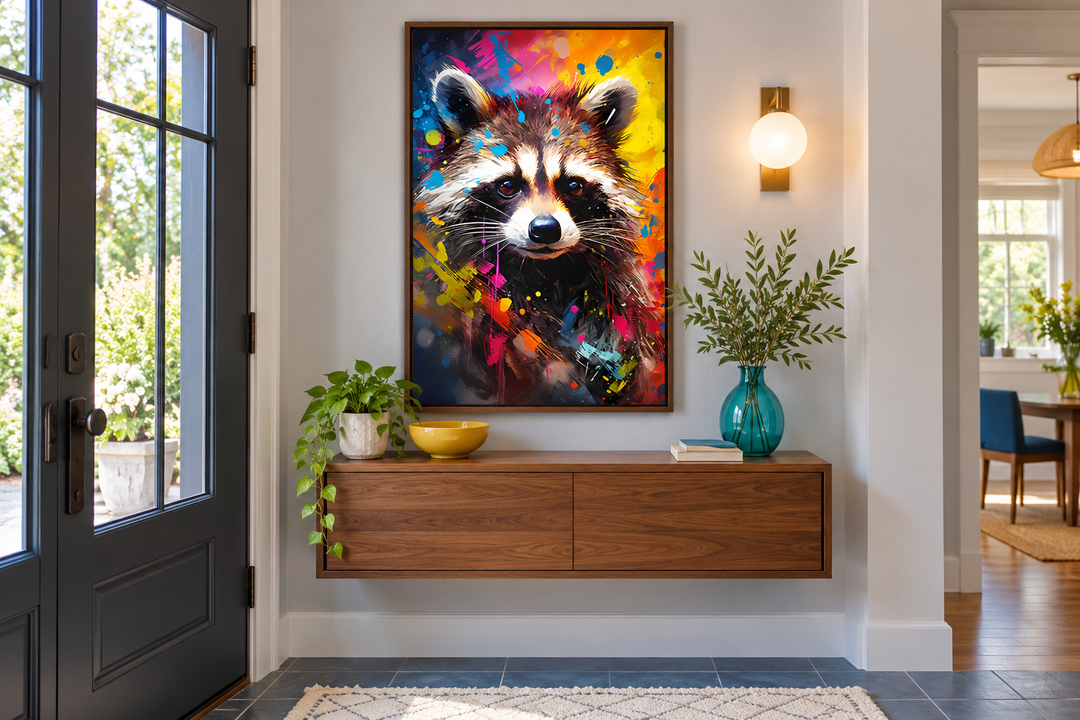 Colorful raccoon pop art framed canvas wall art in a modern entryway above a wooden console.