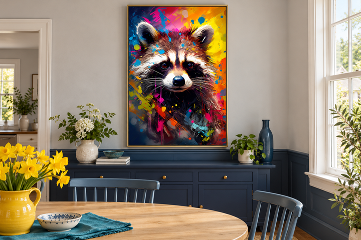 Raccoon colorful pop art graffiti framed canvas wall art hanging in a modern dining room.